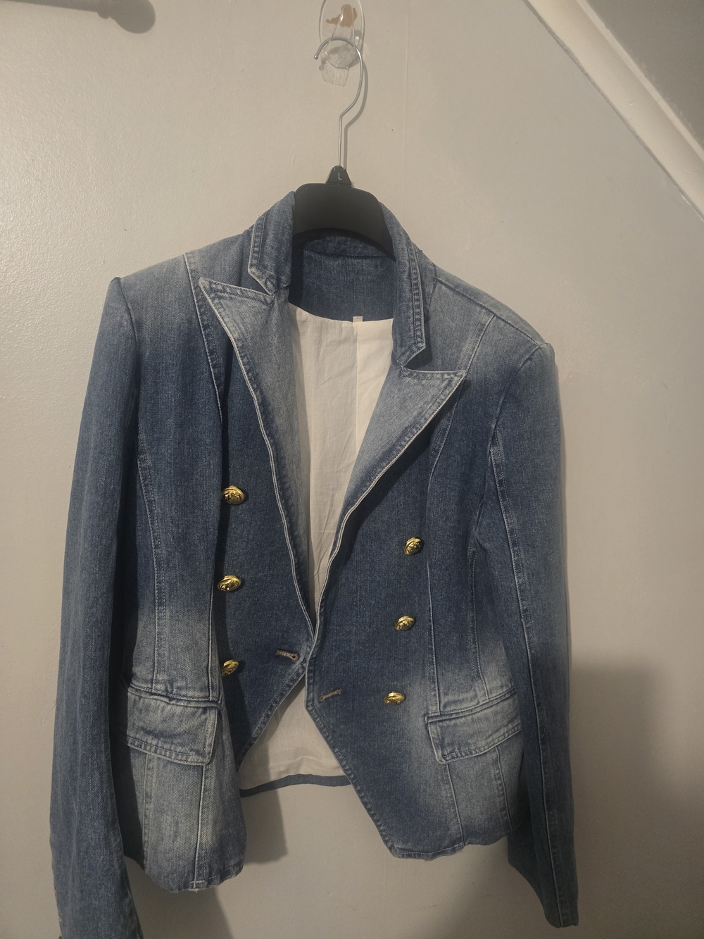 Double-Breasted Denim Blazer with Gold Buttons